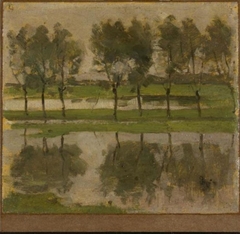 Row of eight young willows reflected in the water by Piet Mondrian