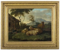 Schapen met herdersjongen, Herder met schapen in landschap, by Albarta ten Oever