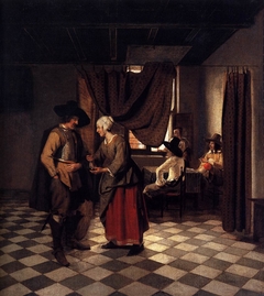 Soldier paying a landlady in an inn