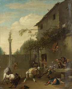 Soldiers fighting outside an inn