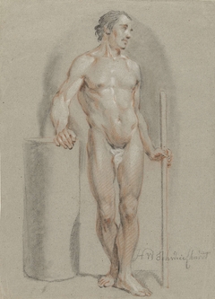 Staand mannelijk naakt, met een stok in de hand, steunend op een ateliercylinder by Hendrik Willem Schweickhardt