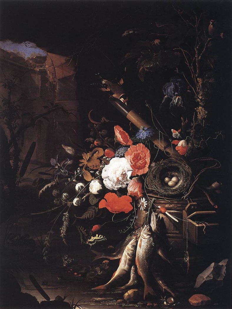 Still Life in a Grotto with Flowers, Fish and a Bird's Nest
