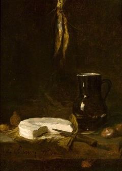 Still Life with a Jug, Cheese, Onions, Fish and a Knife by François Bonvin