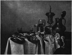 Still life with gilt cup and other objects on a draped table