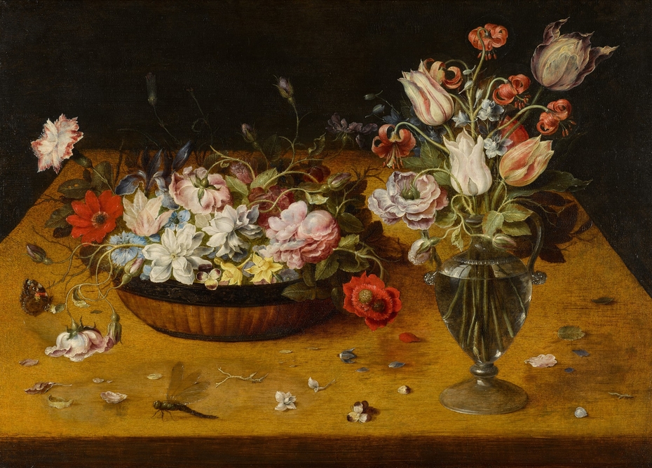 Still life with roses, tulips, carnations and other flowers in a Chinese lacquer basket and in a glass vase