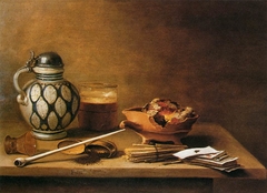 Still life with stoneware jug, beer glass, brazier and pipe