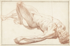 Studie van mannelijk naakt, liggend op de rug, met gestrekt been by Louis Fabritius Dubourg