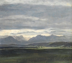 Study of a landscape with powder blue sky over mountains