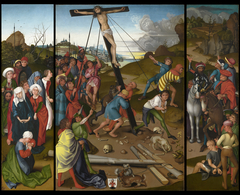 The Raising of the Cross [center, left, and right panels] by Master of the Starck Triptych