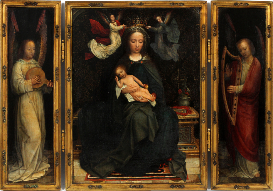 Triptych Madonna Enthroned with music-making angels