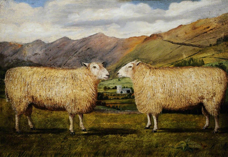 Two Sheep in profile, face to face, in a Lakeland Landscape with Troutbeck Church in the distance