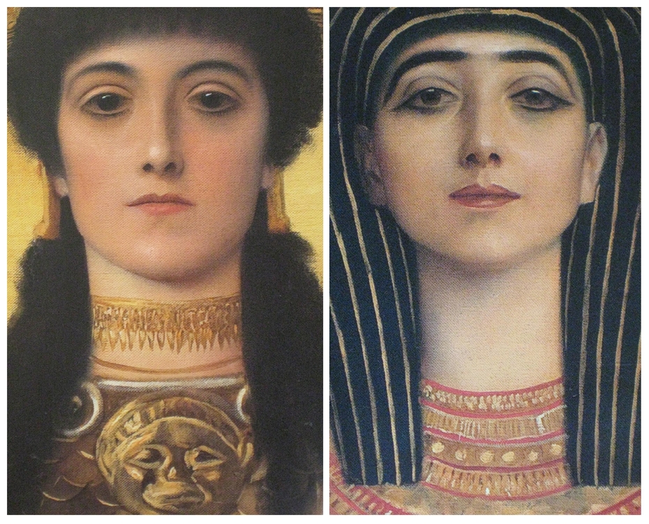 Ancient Greece and Ancient Egypt, detail heads of Athena and Isis