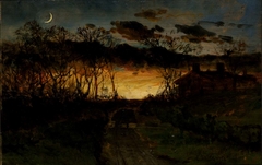 Untitled (sunset with quarter moon and farmhouse) by Edward Mitchell Bannister
