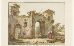 Vervallen gebouw met rechts een houtsprokkelaarster by Pieter Bartholomeusz Barbiers