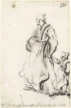 Vrouw met mand onder de arm lopend naast een kind by Harmen ter Borch