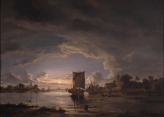 Weids rivierlandschap met zeilboot by Jacob Abels