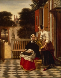 Woman and a maid with a pail of fish in a courtyard by Pieter de Hooch