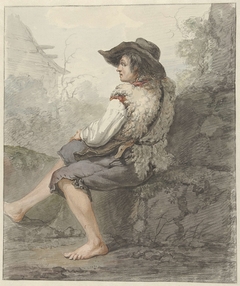 Zittende jongen met hoed en schapenvacht, naar links by Jacob van Strij