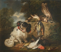 A King Charles Spaniel and an Owl with Dead Game Birds