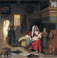 A mother with two children and a maid with a pail by a fireplace