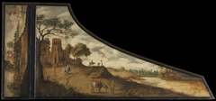 A painting on a harpsichord lid with a hilly landscape and travelers by Unknown Artist