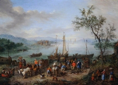 A River Landscape with Fishermen unloading their Catch by manner of Jan Brueghel the elder
