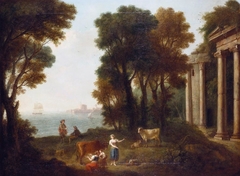 A Seashore with Classical Ruins, Figures and Cattle