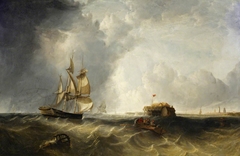 A ship, and men in a rowing boat off Calais by British School