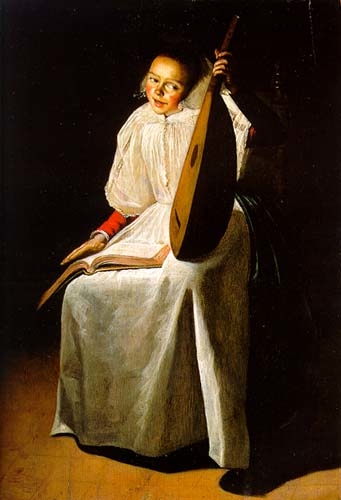 A young lady holding a lute with a music score on her lap in a candlelit interior