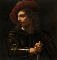 A Young Man in Armour wearing a Red Cap and holding a Staff by Anonymous