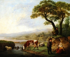 An Old Man conversing with a Seated Mother and Child in a River Landscape