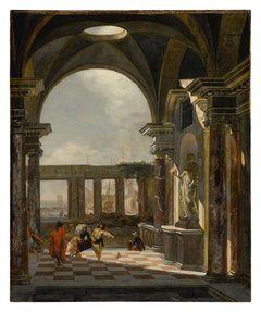 Architectural interior with foreign shippers, ruins and a shipyard beyond by Jan Baptist Weenix