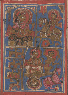 Aristanemi's Bridal Pavilion (top) and Witnessing Animals for Slaughter (bottom): Folio from a Kalpasutra Manuscript