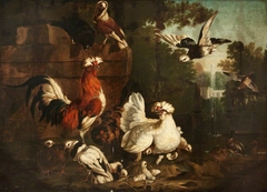 Barnyard Fowl with a Fountain and a Building beyond by Anonymous