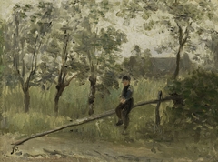 Boerenjongen op een slagboom by Jozef Israëls
