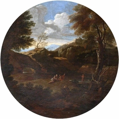 Classical Landscape and Figures in a Tondo (after Dughet) by Anonymous