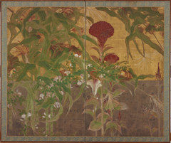 Coxcombs, maize and morning glories by Anonymous