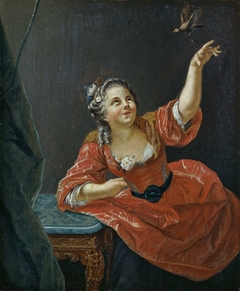 Dame in rood, spelend met vogel by Jan Wassenbergh