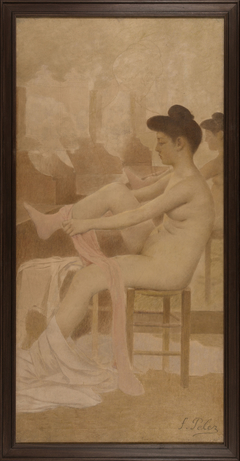 Danseuse dans sa loge enfilant un collant by Fernand Pelez