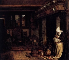 Dutch Interior with Woman Sewing by Esaias Boursse