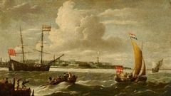 Dutch Warship anchored in a Bay with Boats coming ashore