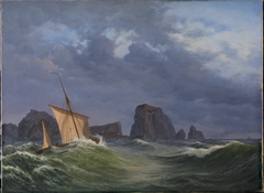 En shetlandsk fiskerbåd i stormfuldt vejr nord for Orkneyøerne