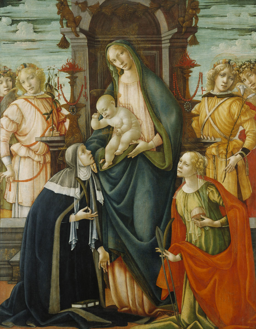 Enthroned Madonna and Christ Child with Angels, Saints Paula and Agatha