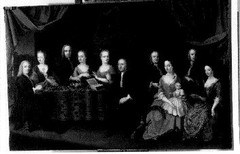 Familieportret van de familie Scheurleer: Elf familieleden in een Louis XIV fantasie-interieur. (1694-1772) en zijn echtgenote Margaretha Wetstein (1684-1758), Floris (1692-1755) en zijn echtgenote Co by Augustinus Terwesten