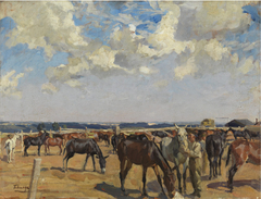 FEEDING MULES IN THE CORRAL by Algernon Talmage