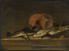 Fish still life with stoneware pitcher