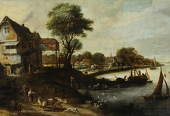 Flemish Landscape with Village and Figures by Anonymous