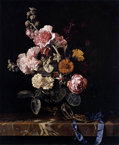 Flowers in a Glass Vase with a Watch, on a Marble Ledge