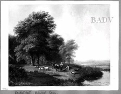 Flusslandschaft mit Staffage, drei Figuren und Schafe by Barend Cornelis Koekkoek