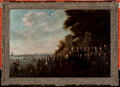 Groepsportret van Admiraal de Ruyter met enige vlootvoogden en magistraatspersonen (Allegorie op de haringvisserij) by Willem Eversdijck